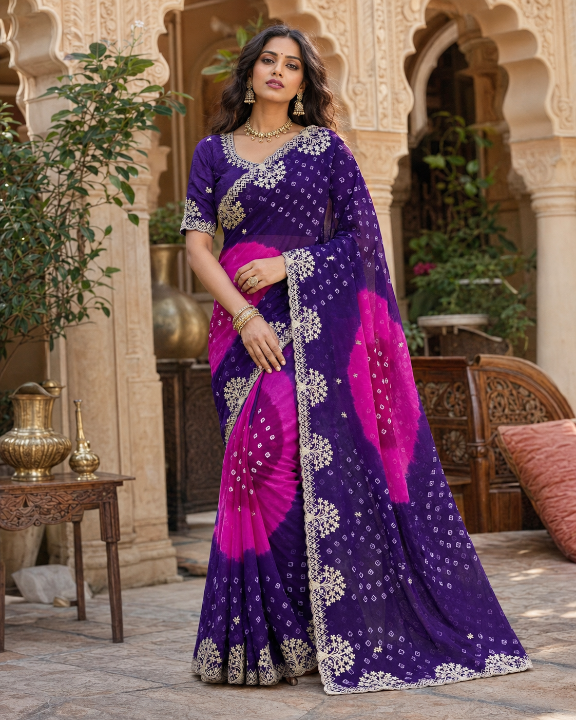Georgette Bandhani Print Saree With Unstitched Blouse(Purple)
