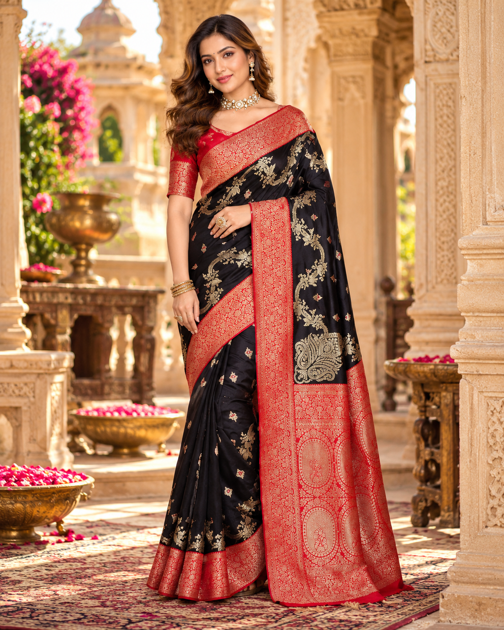 Banarasi Silk Zari Weaving Border Saree With Unstitched Blouse(Black)