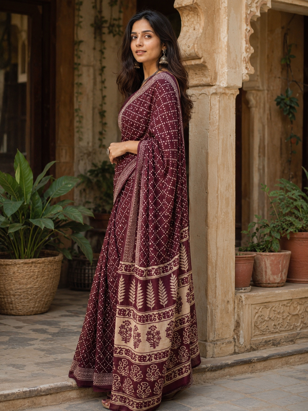 Soft Pure Mulmul Cotton Printed Saree with Unstitched Blouse(Wine)