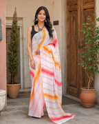 Soft Georgette Sibori Print Saree With Unstitched Blouse(Orange)