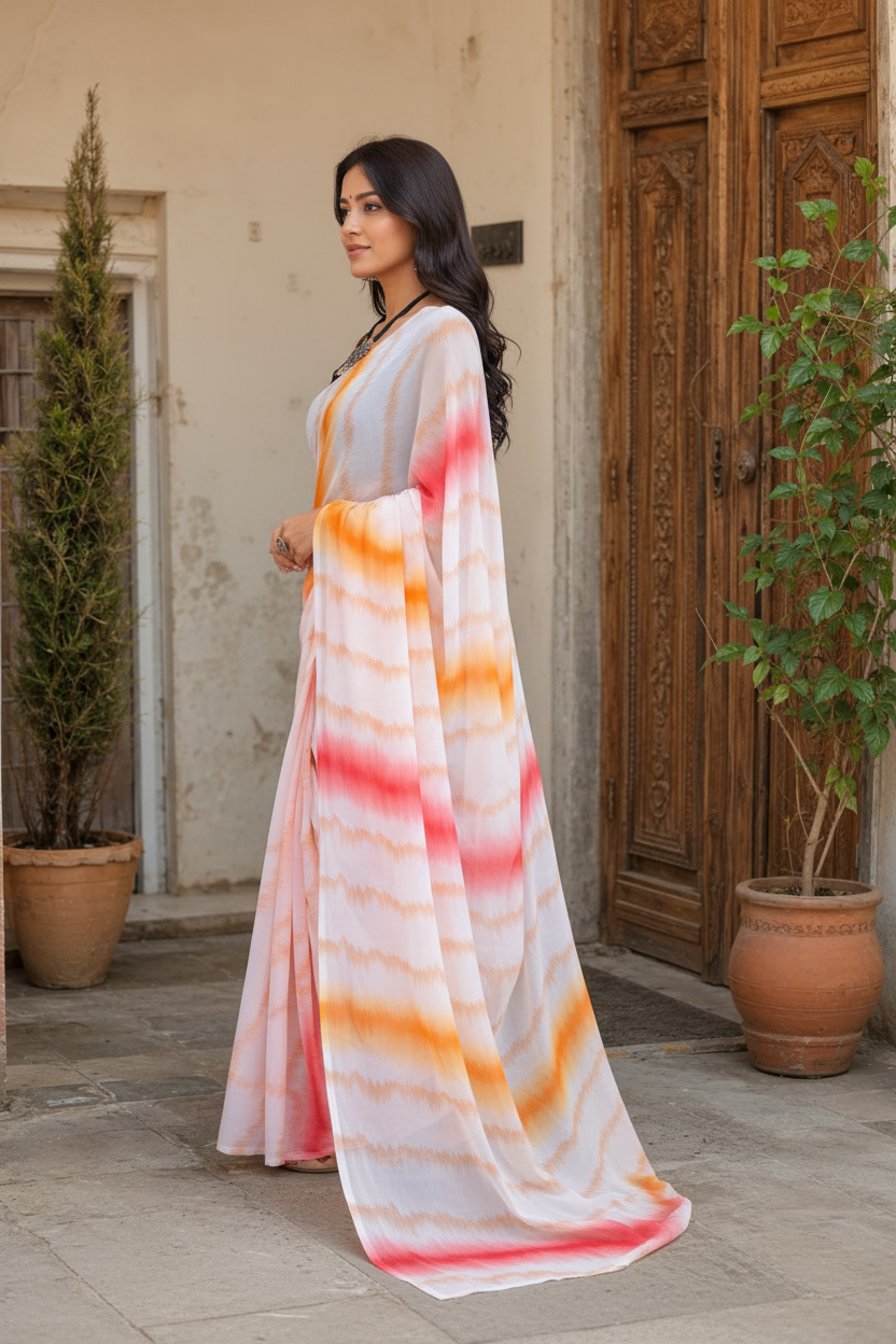 Soft Georgette Sibori Print Saree With Unstitched Blouse(Orange)
