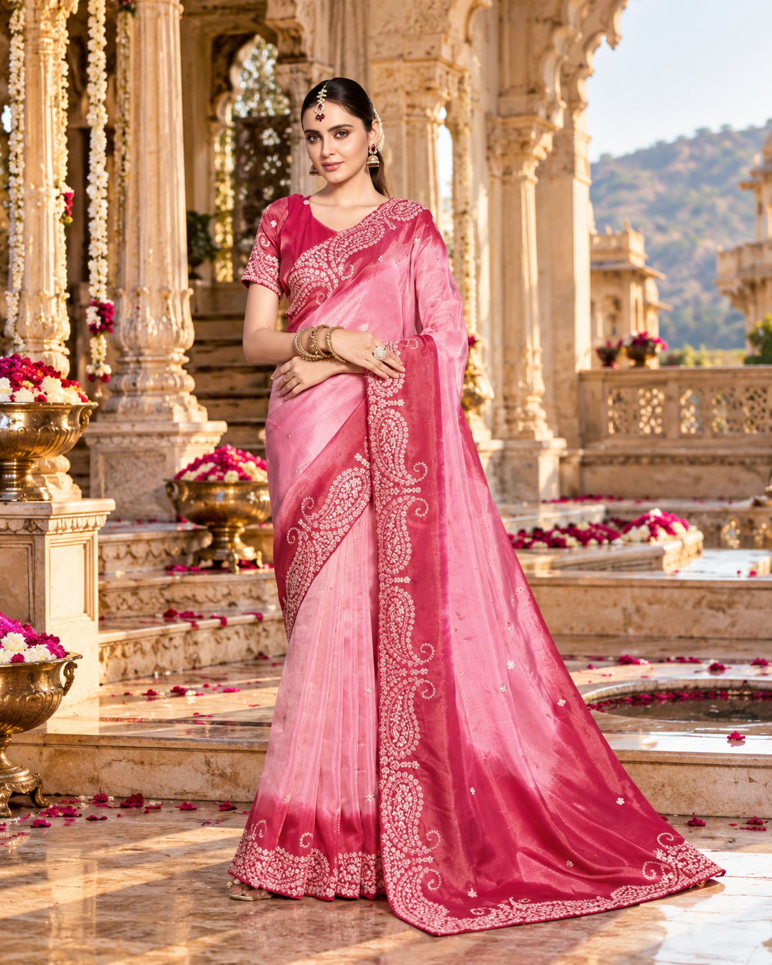 Pure Tissue Silk Handprint Saree With Unstitched Blouse(Pink)