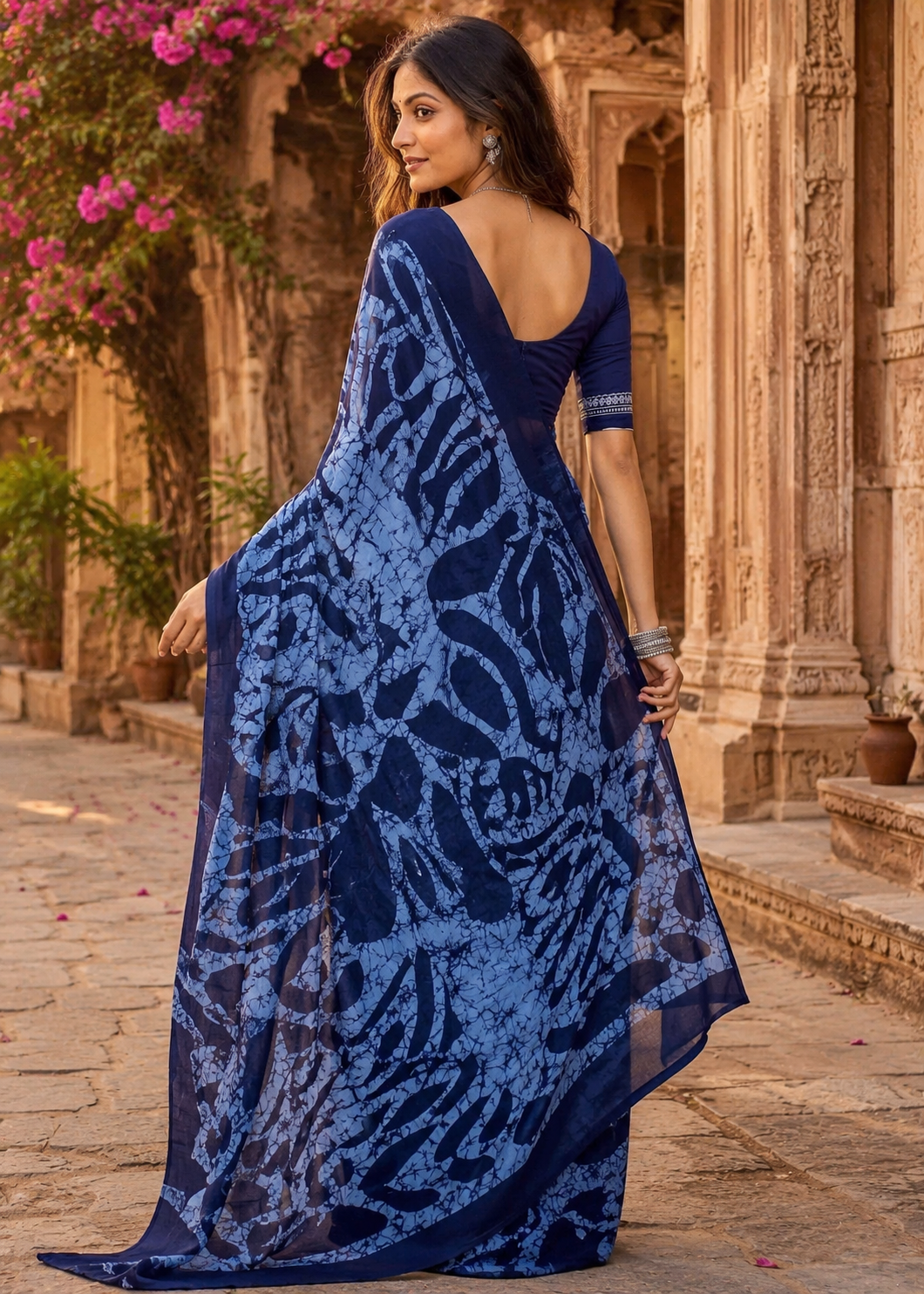 Pure Mulmul Cotton Printed Saree With Unstitched Blouse(Blue)