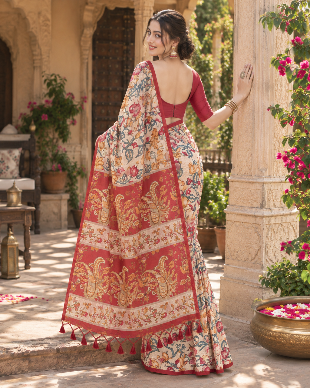 Tussar Silk Kalamkari Printed Saree With Unstitched Blouse(Red)