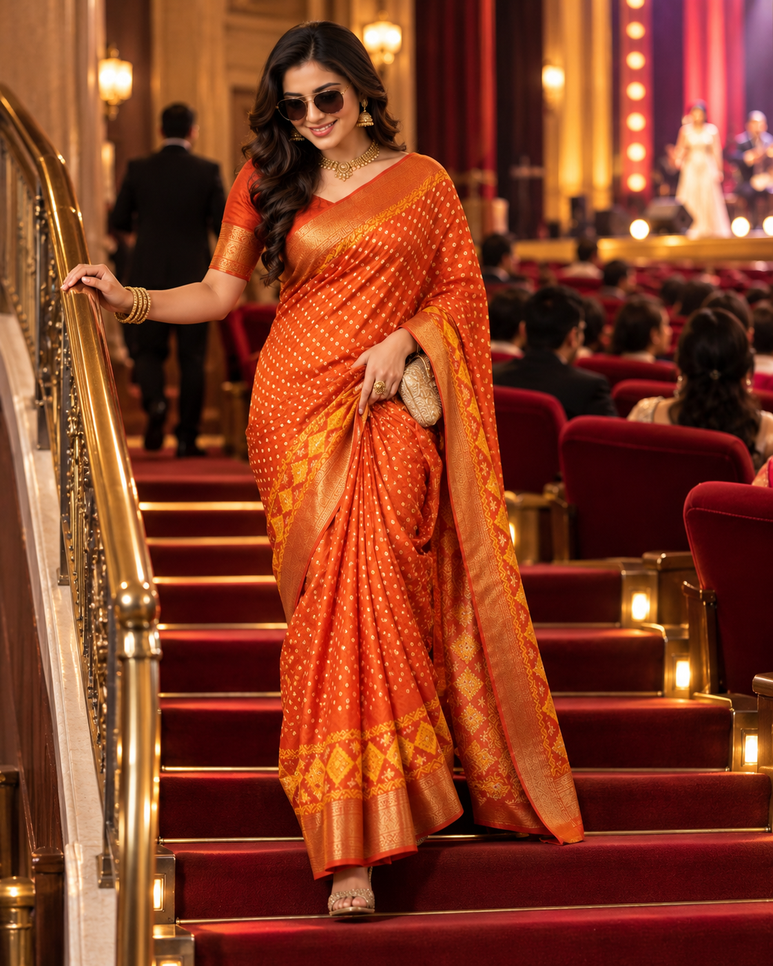 Premium Dola Silk Bandhani Print Zari Border Sarees With Unstitched Blouse(Orange)