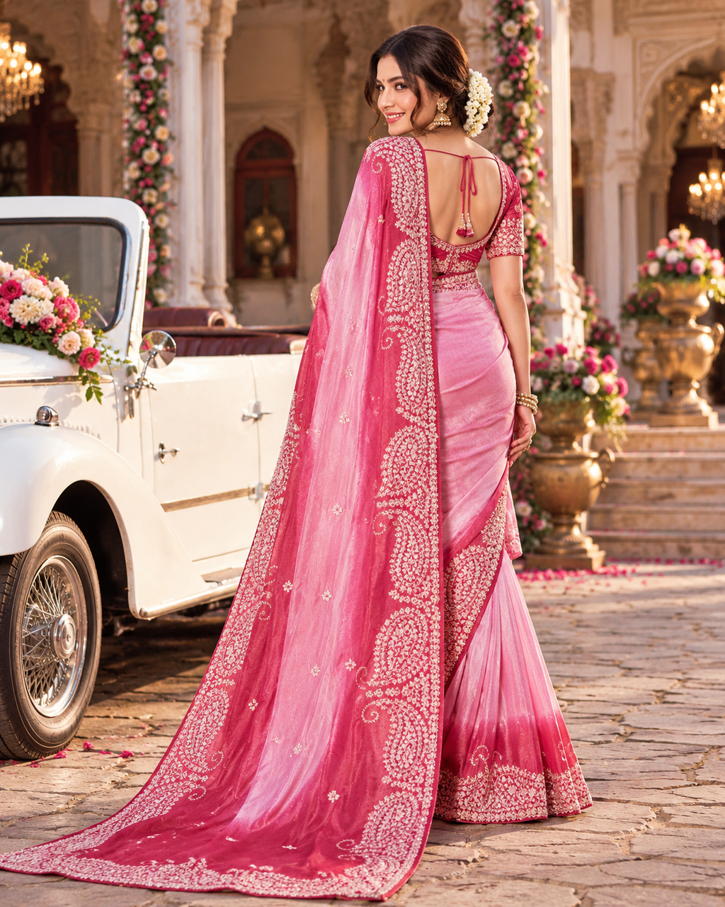 Pure Tissue Silk Handprint Saree With Unstitched Blouse(Pink)