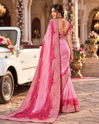 Pure Tissue Silk Handprint Saree With Unstitched Blouse(Pink)