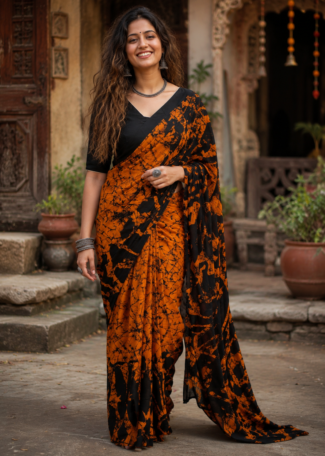 Pure mulmul cotton printed saree with unstitched blouse(orange)