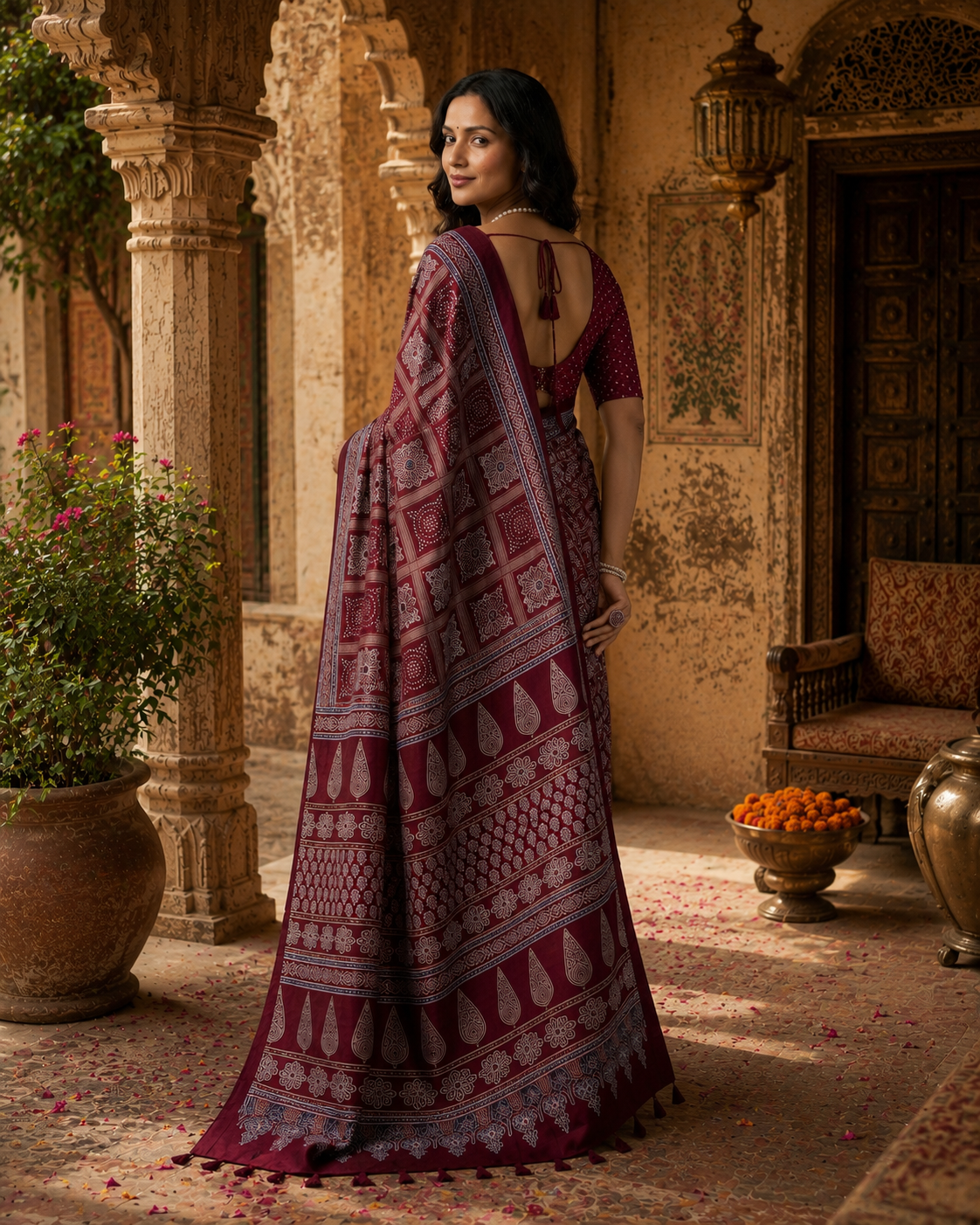 Satin Silk Ajrakh Printed Saree With Unstitched Blouse(Red)