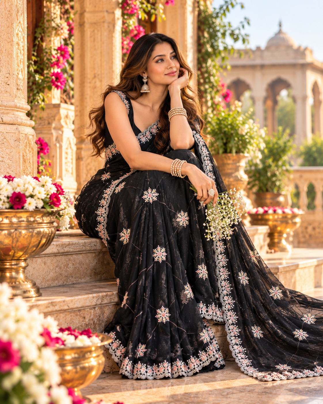 Pure Space Silk Embroidery Work Saree With Unstitched Blouse(Black)