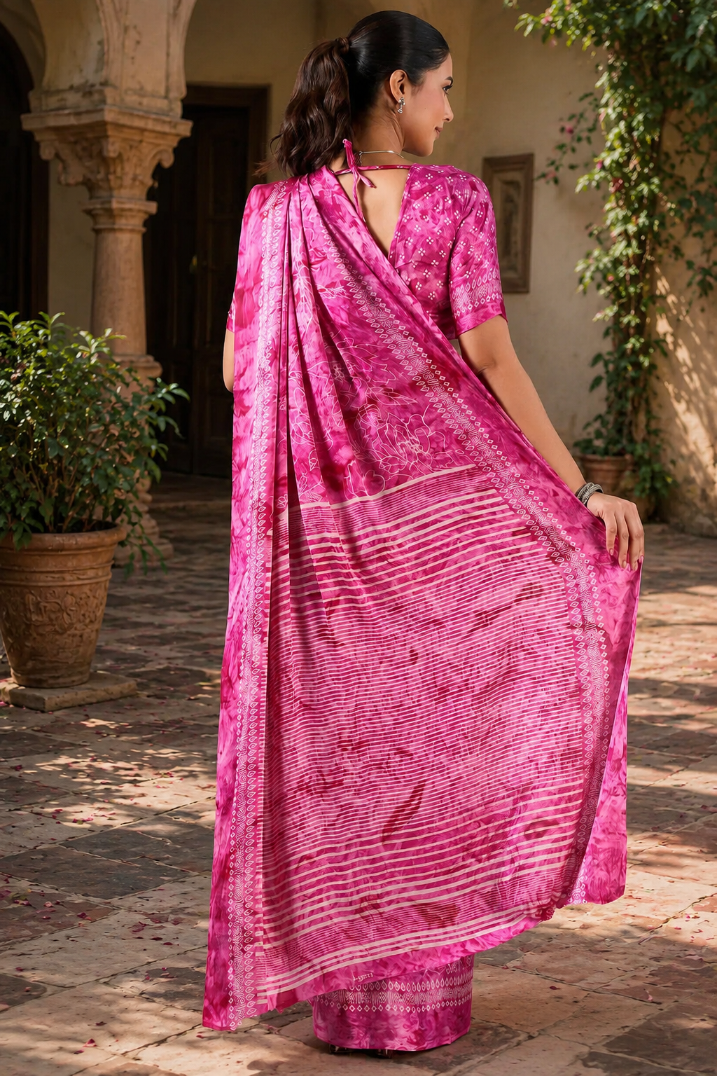 Satin Silk Ajrakh Printed Saree With Unstitched Blouse(Pink)