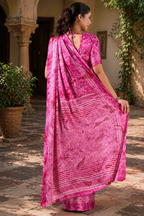 Satin Silk Ajrakh Printed Saree With Unstitched Blouse(Pink)