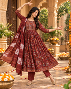 Cotton Kurti Pant Set With Dupatta(Red)
