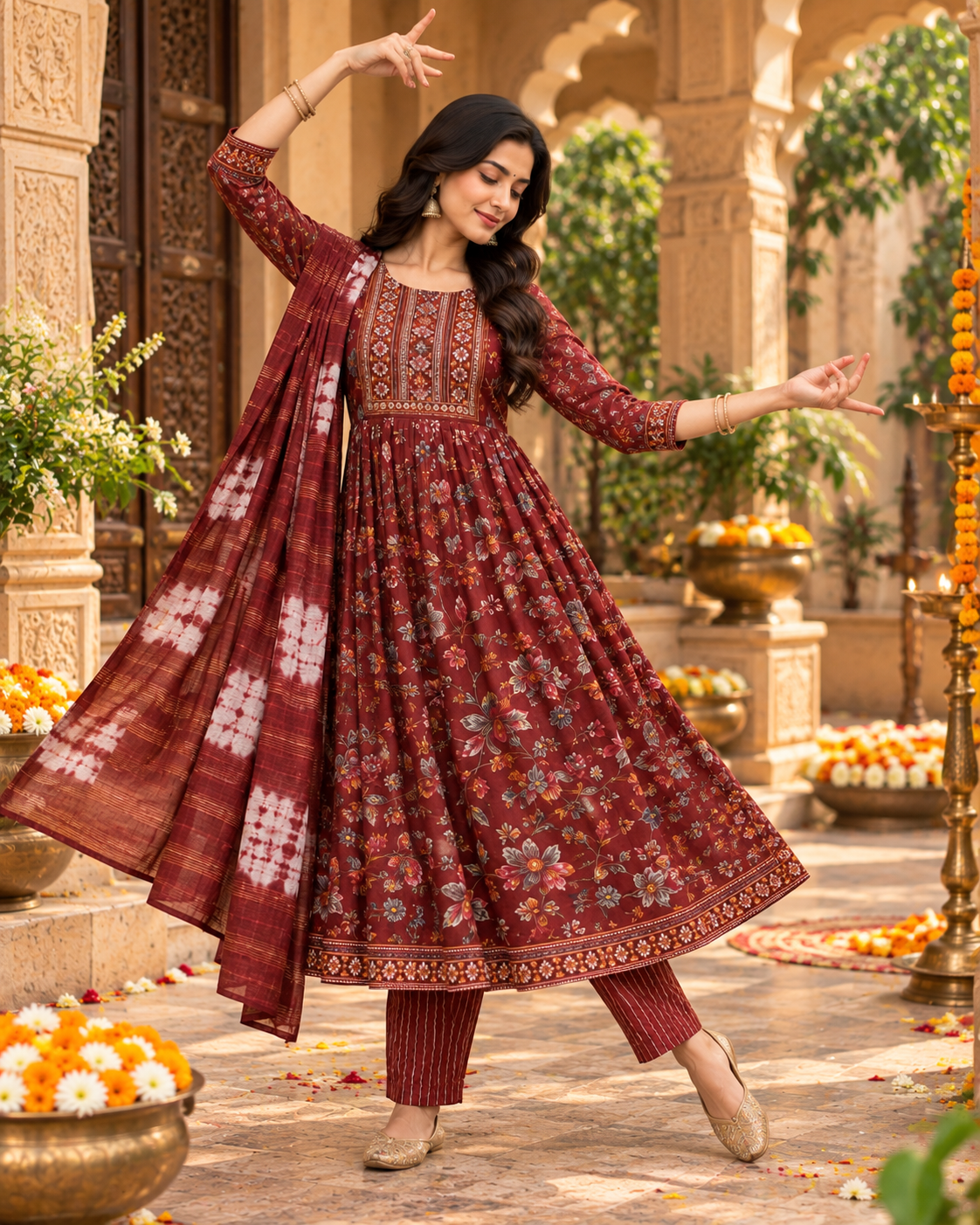 Cotton Kurti Pant Set With Dupatta(Red)