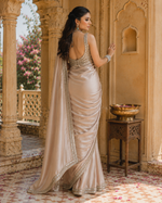 Load image into Gallery viewer, Premium Satin Silk Embroidery Work saree With Unstitched Blouse(Cream)

