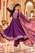 Cotton Embroidery Work Kurti Pant Set With Dupatta(Purple)