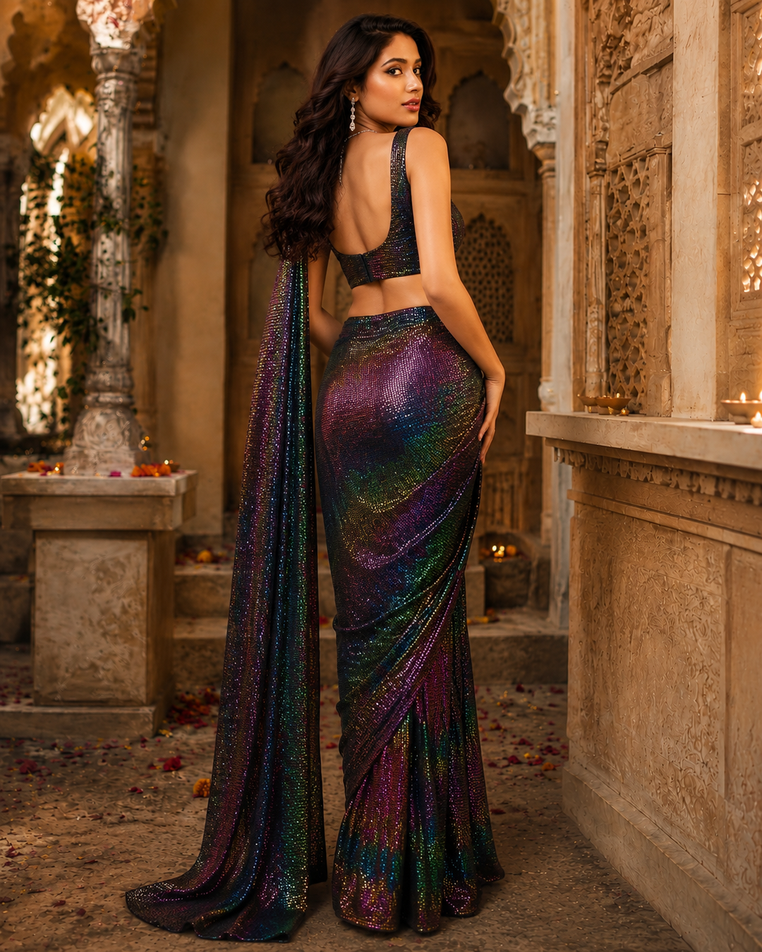 Premium Party Wear Multicolor Sequins Work Saree With Unstitched Blouse(Multicolor)