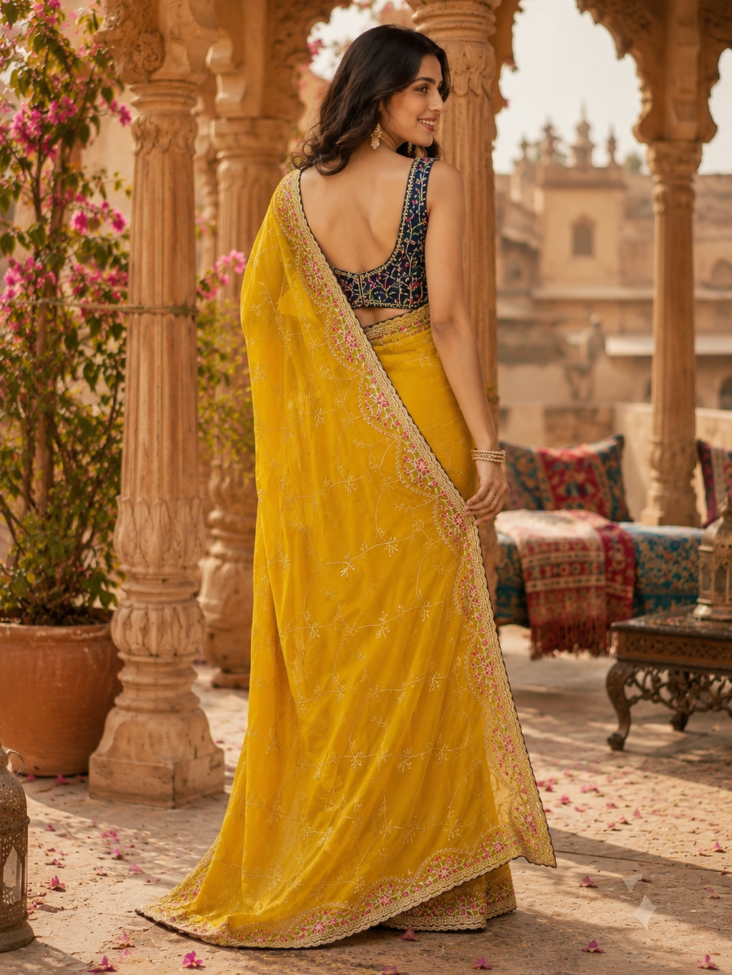 Premium Georgette Embroidery Thread Work Saree With Unstitched Blouse(Mustard)