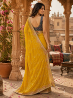 Premium Georgette Embroidery Thread Work Saree With Unstitched Blouse(Mustard)