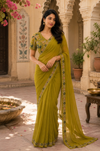 Sequins Embroidery Georgette Saree With Unstitched Blouse(Mustard)