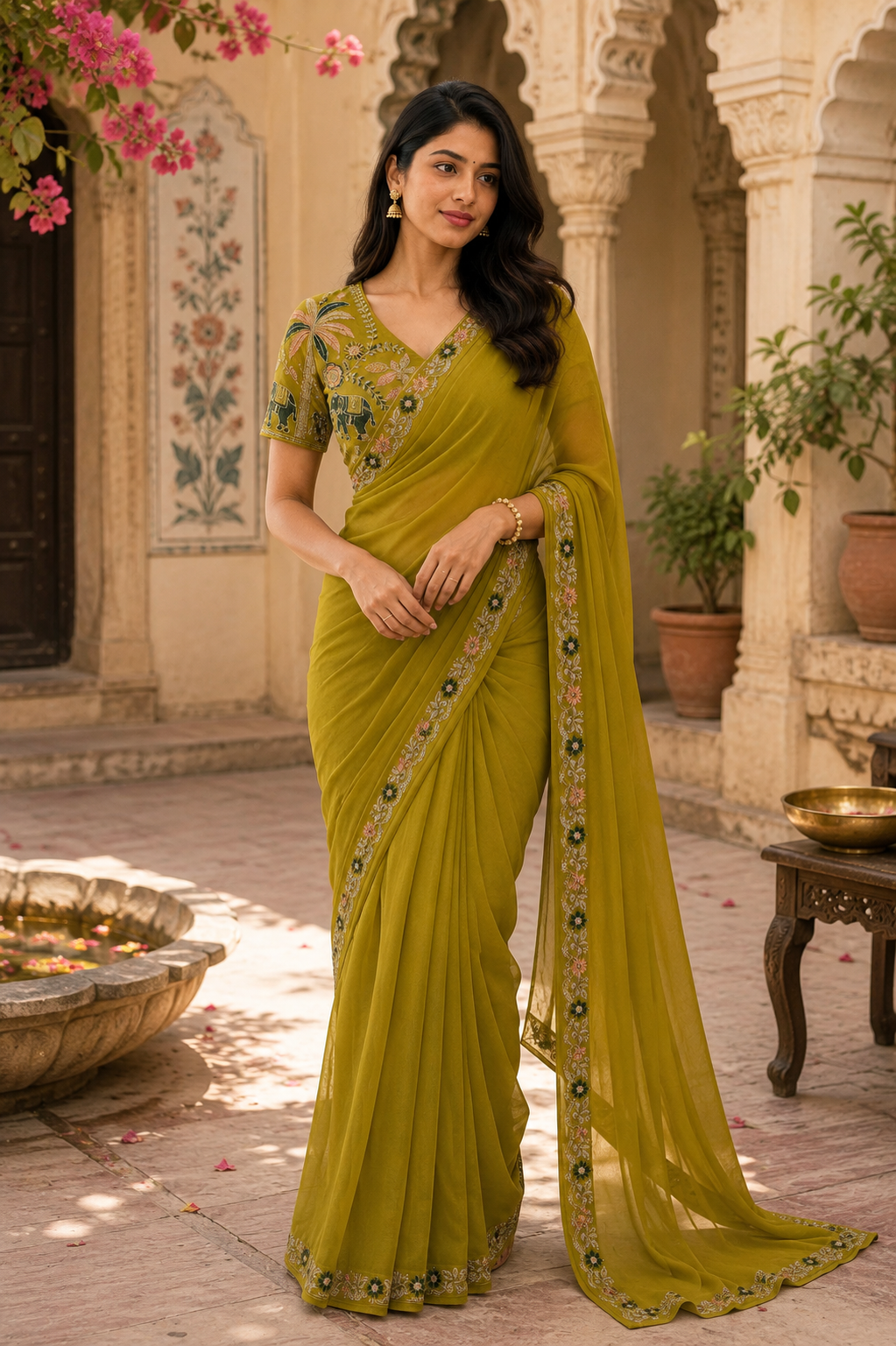 Sequins Embroidery Georgette Saree With Unstitched Blouse(Mustard)