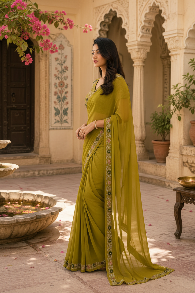 Sequins Embroidery Georgette Saree With Unstitched Blouse(Mustard)