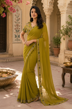 Load image into Gallery viewer, Sequins Embroidery Georgette Saree With Unstitched Blouse(Mustard)
