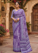 Soft Pure Cotton Bagru-Printed Saree With Unstitched Blouse(Violet)