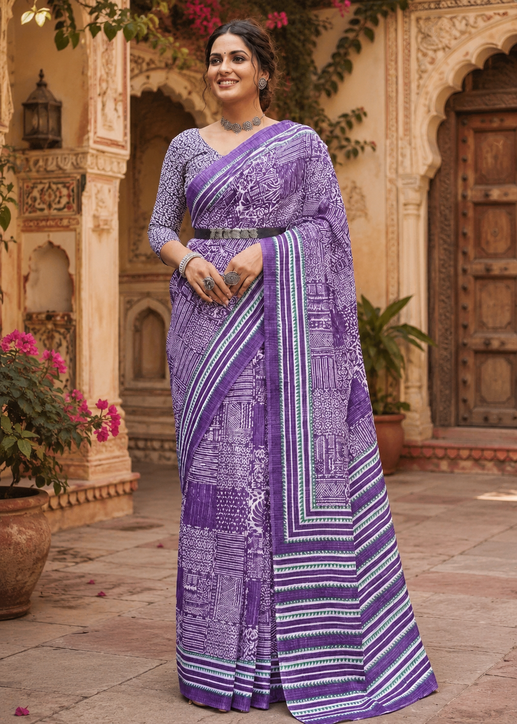 Soft Pure Cotton Bagru-Printed Saree With Unstitched Blouse(Violet)
