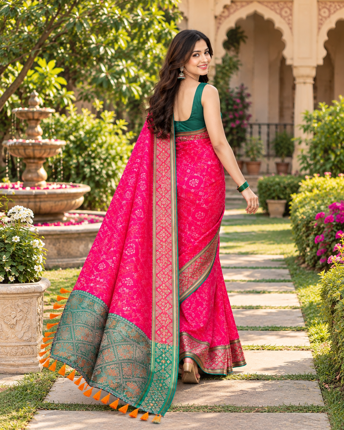 Premium Soft Silk Rangeen Patola Meenakari Saree With Unstitched Blouse (Pink)