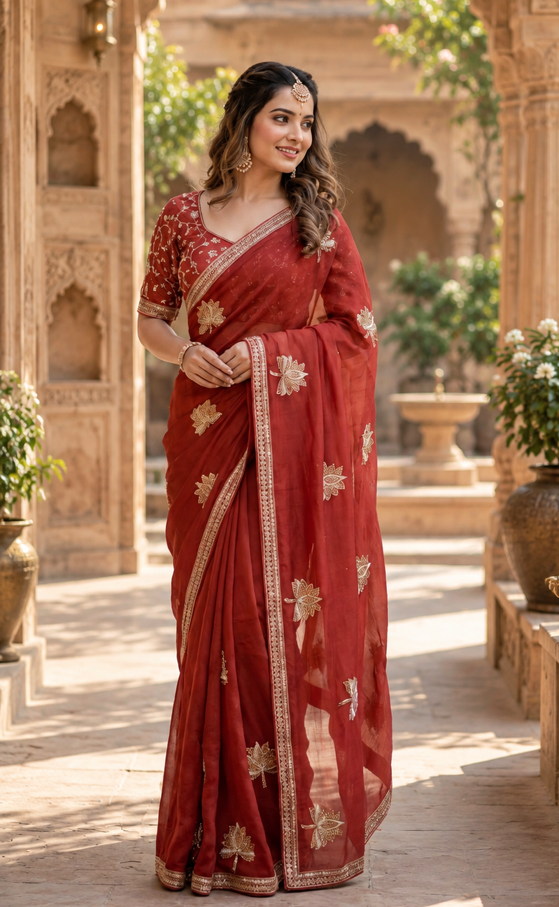 Crunch Silk Sequins Work Saree With Unstitched Blouse(Red)