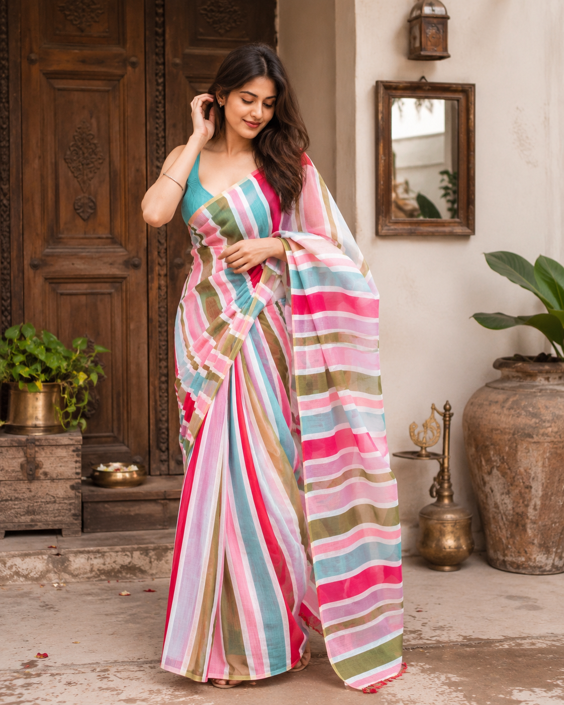 Linen Digital Print Saree With Unstitched Blouse(Multicolor)
