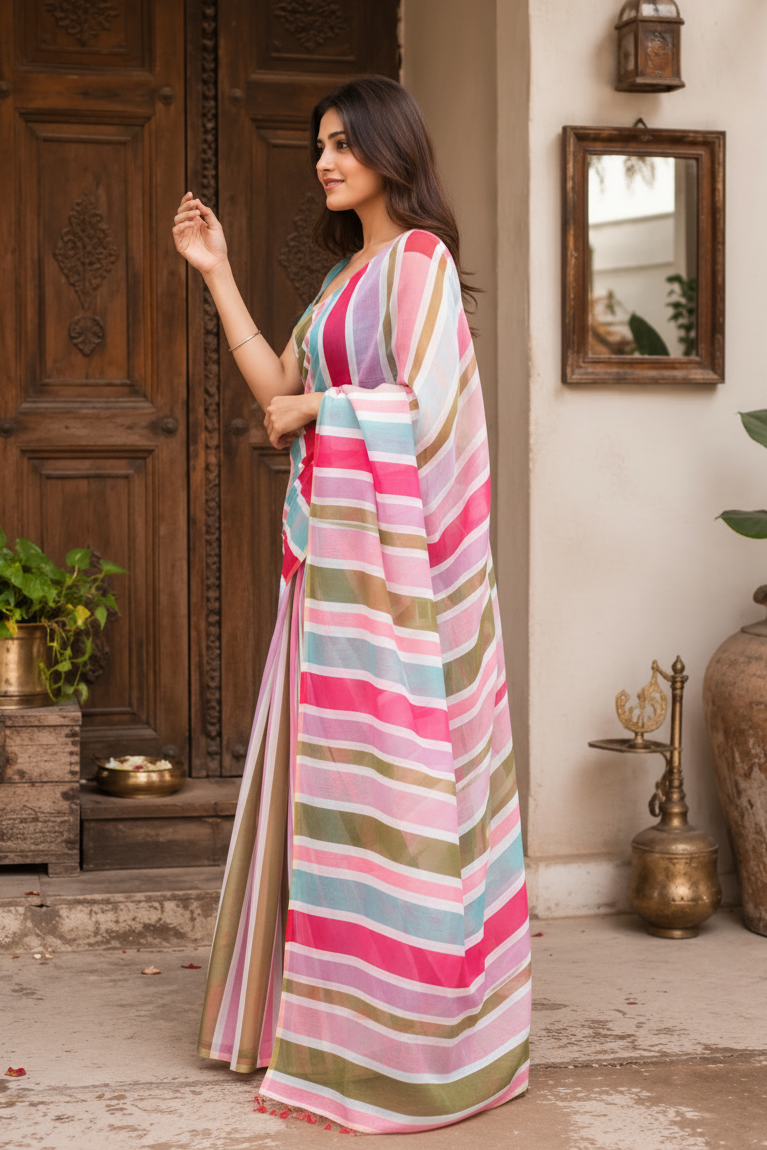 Linen Digital Print Saree With Unstitched Blouse(Multicolor)