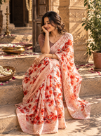 Pure Tussar Silk Floral Print Cutwork Saree With Unstitched Blouse(Beige)