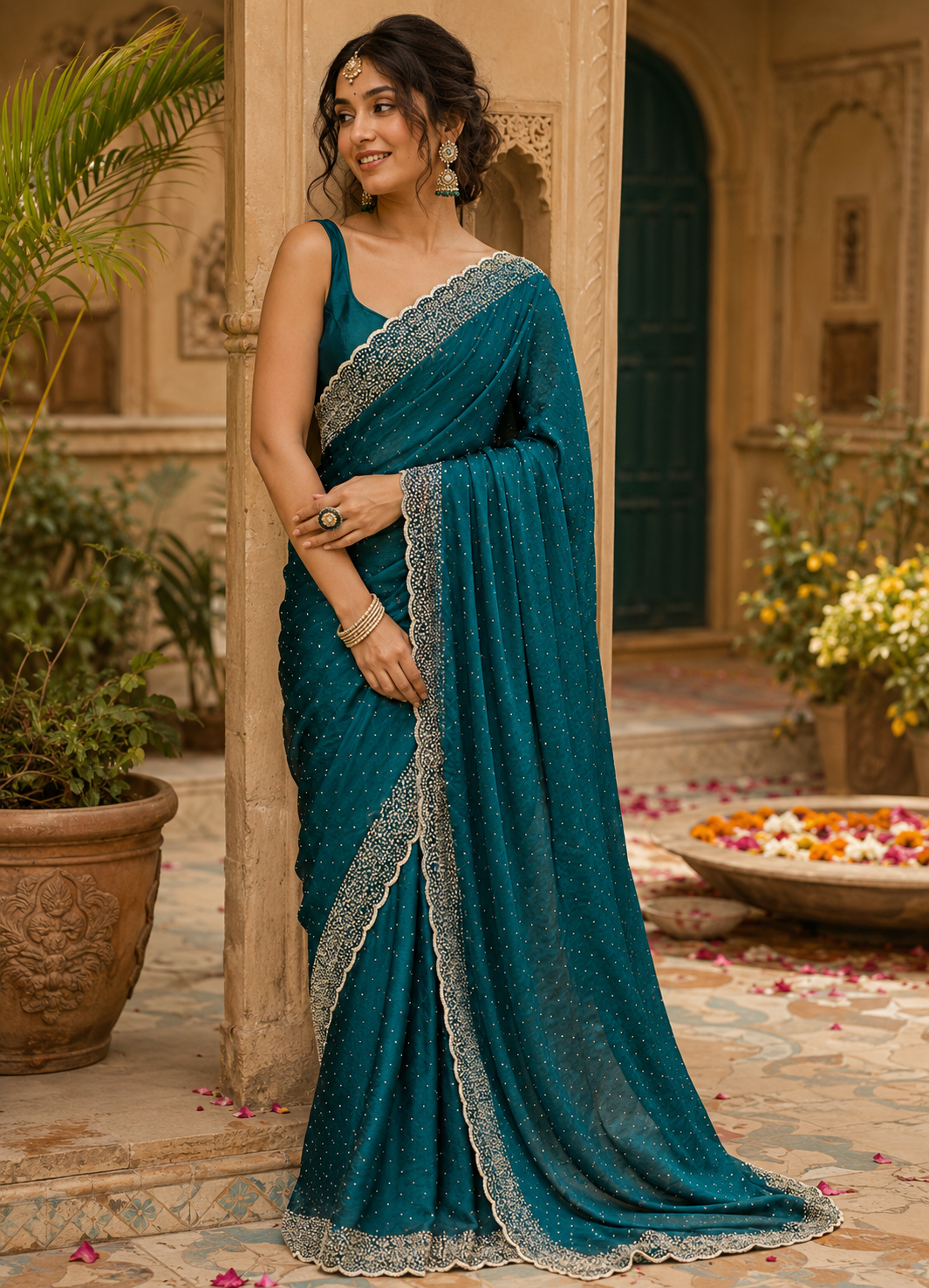 Soft Space Silk Diamond Lace Border Saree With Unstitched Blouse(Green)