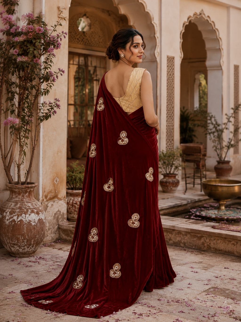 Space Silk Sequins Work Saree With Unstitched Blouse(Maroon)