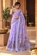 Linen Silver Zari Border Fumka Latakan Saree With Zari Border Unstitched Blouse (Lavender)