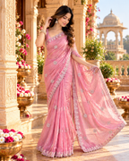 Pure Space Silk Embroidery Work Saree With Unstitched Blouse(Pink)