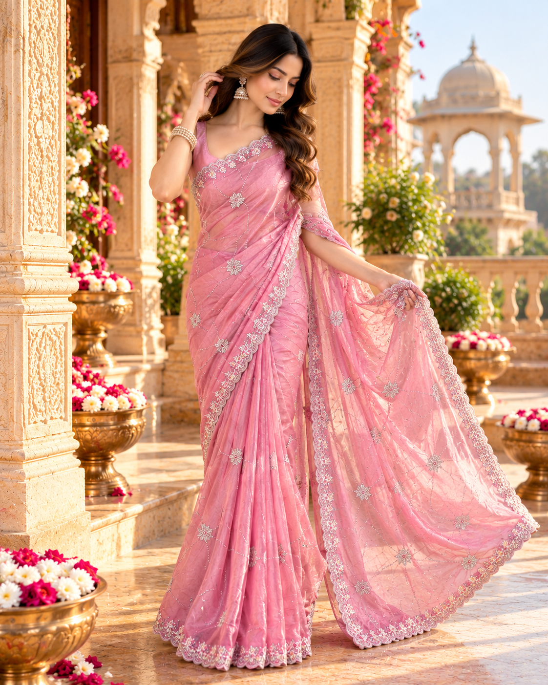 Pure Space Silk Embroidery Work Saree With Unstitched Blouse(Pink)