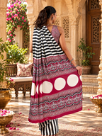 Satin Silk Ajrakh Printed Saree With Unstitched Blouse(Black)