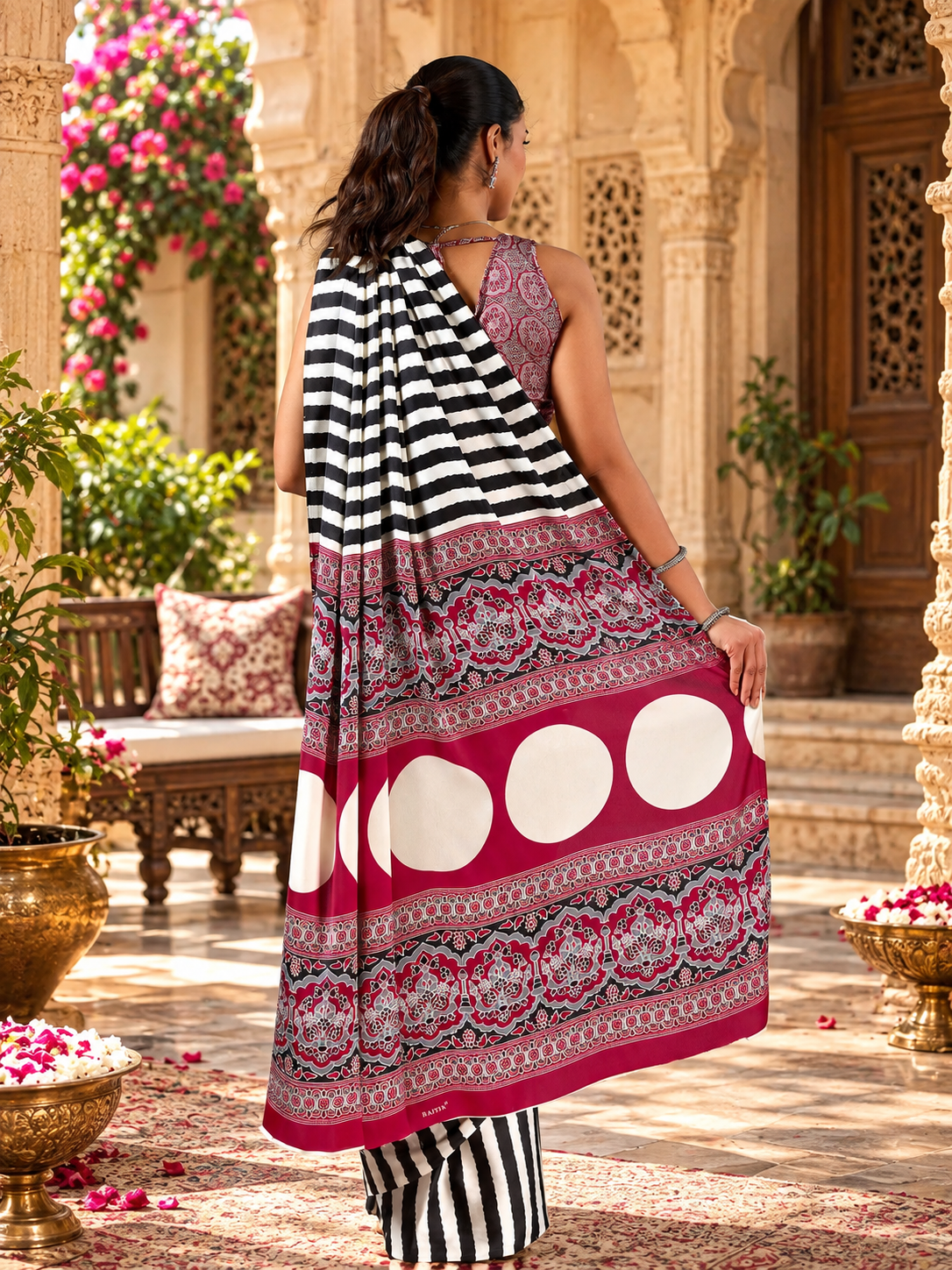Satin Silk Ajrakh Printed Saree With Unstitched Blouse(Black)