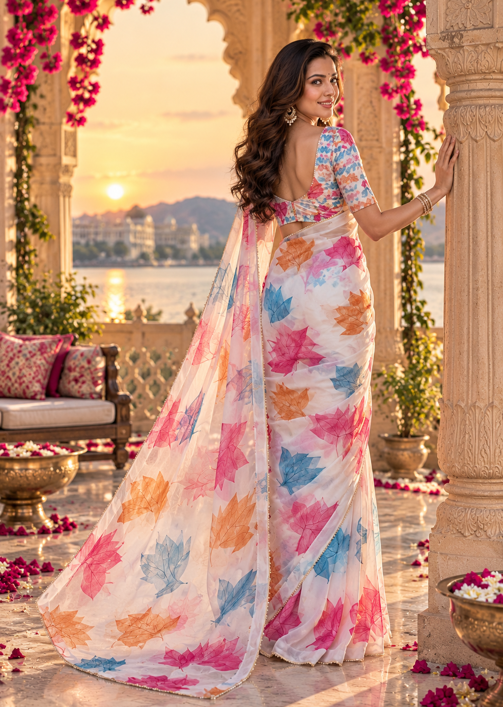 Organza Silk Floral Print Saree With Unstitched Blouse(White)