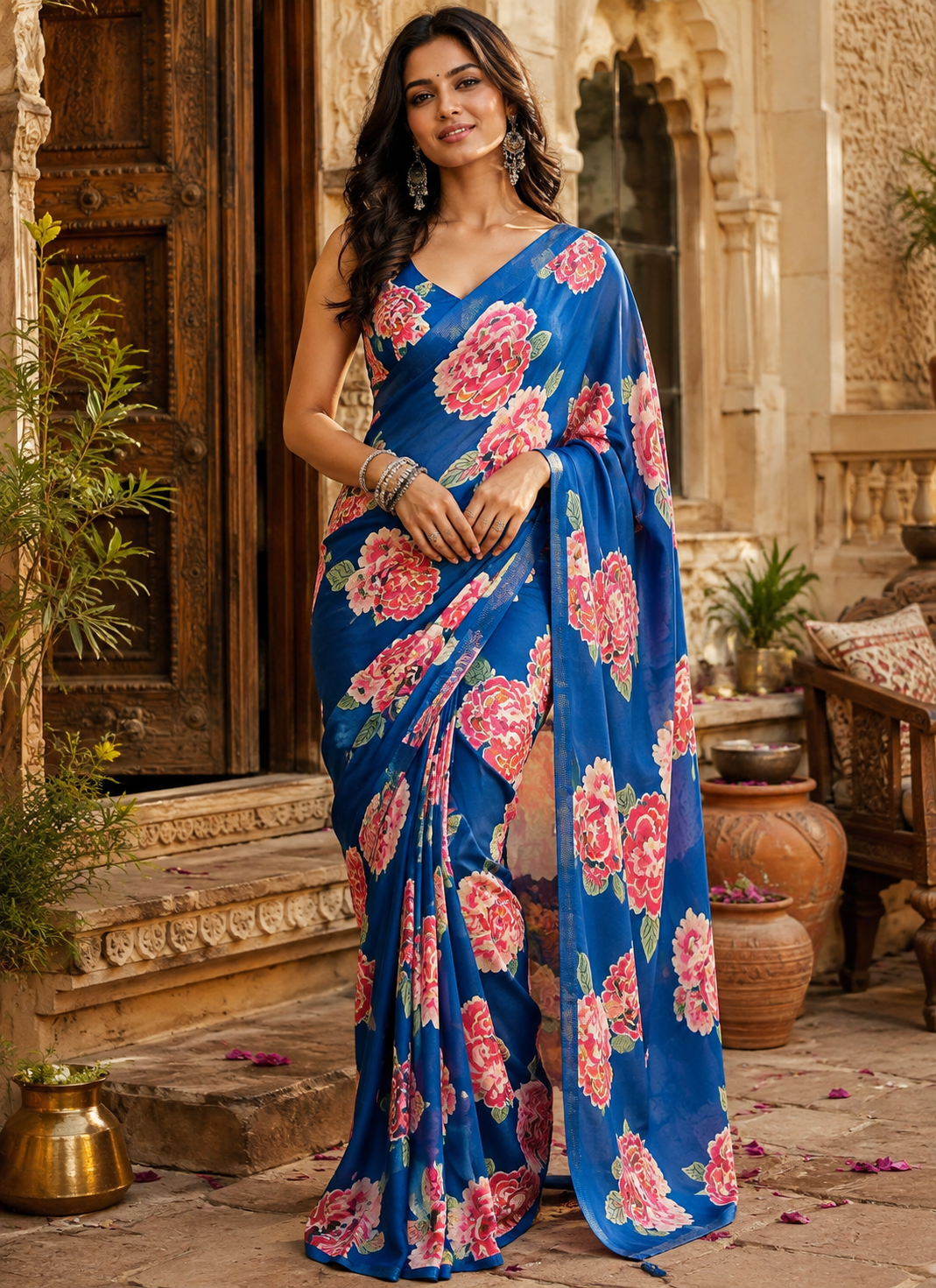Premium Satin Silk Saree with Unstitched Blouse(Blue)