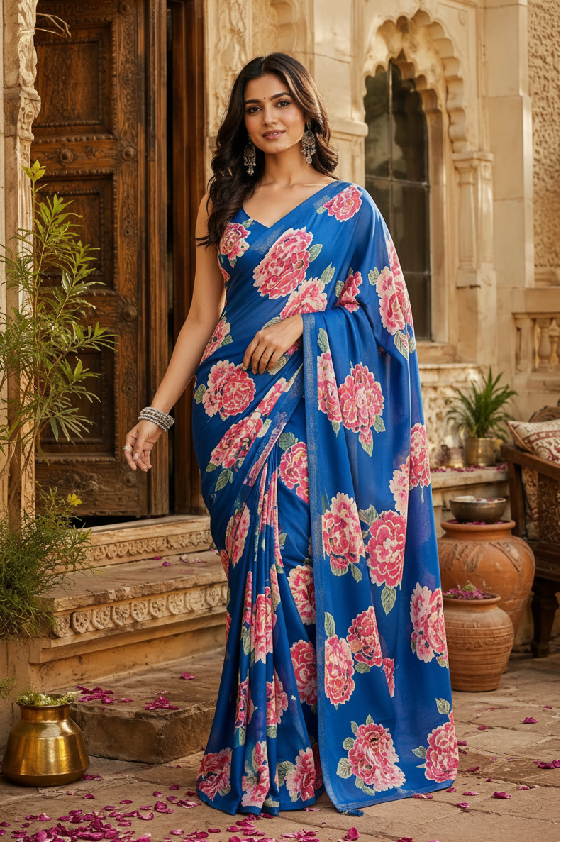 Premium Satin Silk Saree with Unstitched Blouse(Blue)