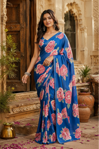 Premium Satin Silk Saree with Unstitched Blouse(Blue)