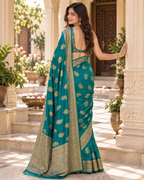 Pure Silk Traditional Buttas Copper Zari Weaving Saree With Unstitched Blouse(Green)