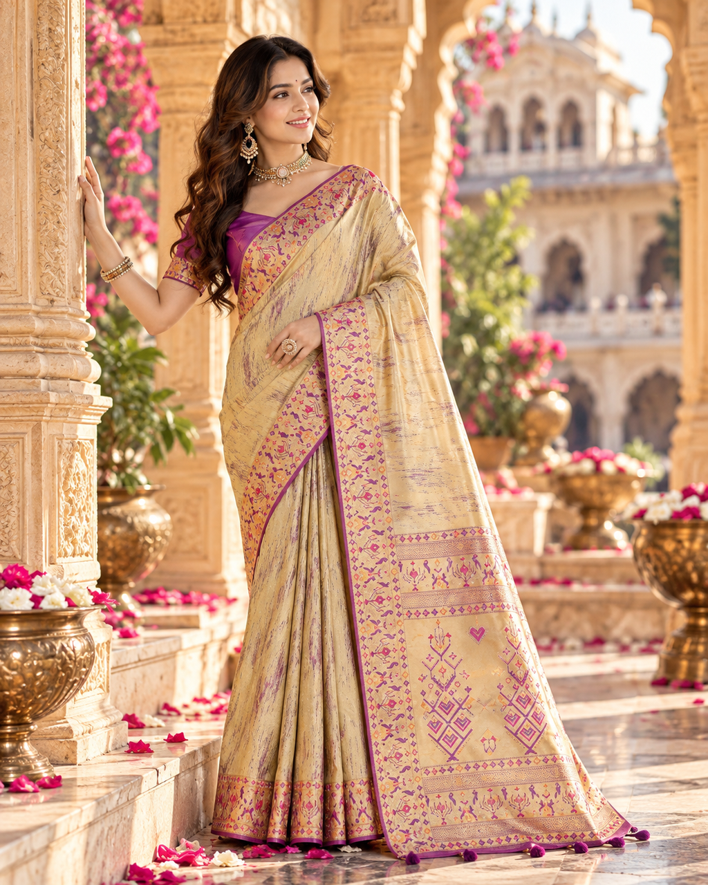 Premium Tissue Silk Zari Border Work Saree With Unstitched Blouse(Peach)