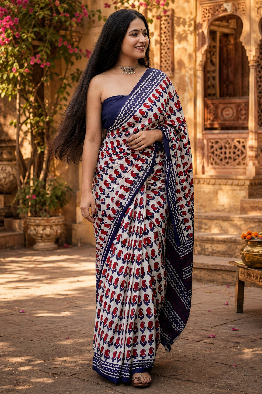 Mulmul Cotton Bagru Block Printed Saree With Unstitched Blouse(Red)