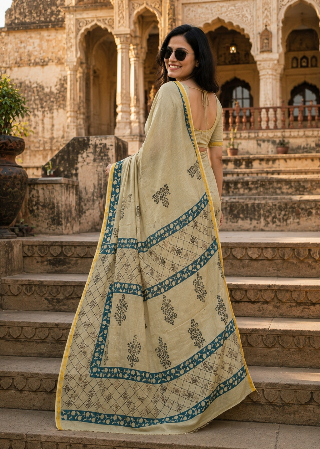 Soft Maslin Cotton Zari Border Traditional Hand Block Saree With Unstitched Blouse (Beige)