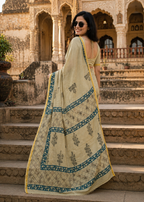 Soft Maslin Cotton Zari Border Traditional Hand Block Saree With Unstitched Blouse (Beige)